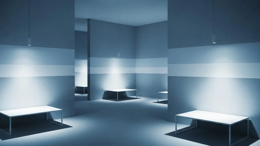 Room with layered lighting casting a soft icy glow over tables and walls.