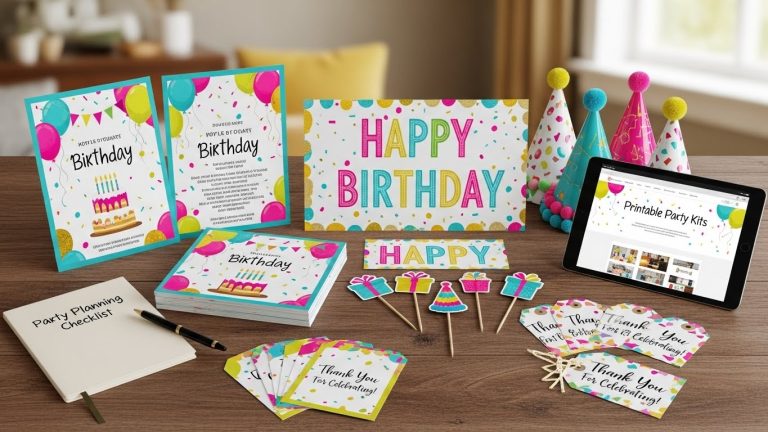Colorful printable birthday invitations and full party kits displayed on a table, including matching banners, cupcake toppers, party hats, and favor tags—perfect for easy birthday party planning.