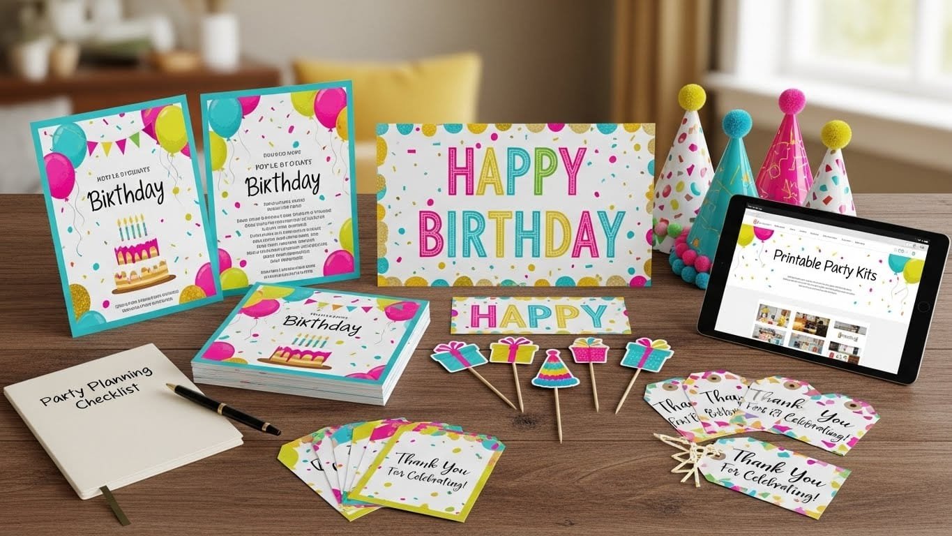 Colorful printable birthday invitations and full party kits displayed on a table, including matching banners, cupcake toppers, party hats, and favor tags—perfect for easy birthday party planning.