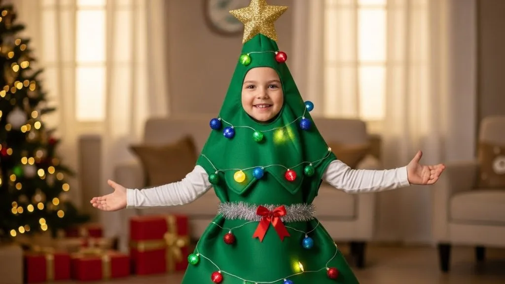 Magical December Costume Ideas for Kids: Cute, Cozy & Celebration Ready 5 Kid dressed as a Christmas tree in a festive December costume.