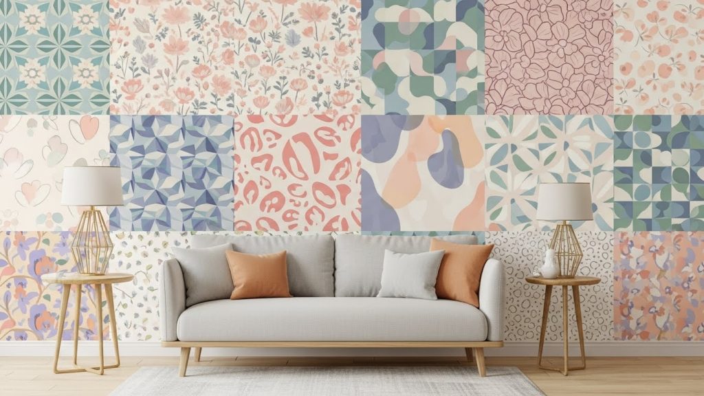  Baby shower wallpaper sample cards in pastel colors.