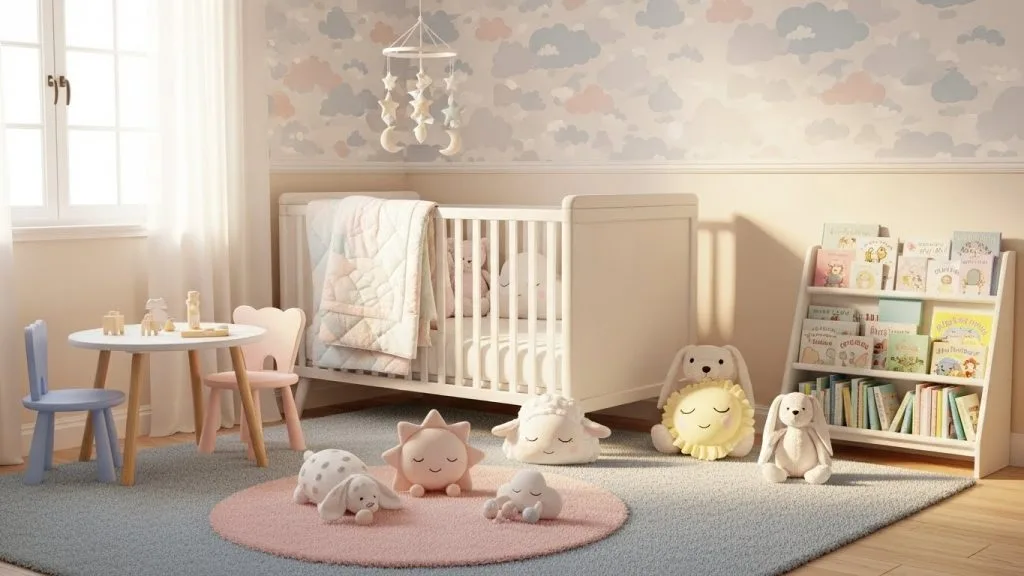Baby Shower Celebration Wallpapers for Cute Themes: A Fresh Guide for Modern Parents 2 Pastel nursery corner with cloud wallpaper and soft toys.