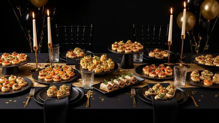 Vegetarian New Year appetizer ideas arranged on an elegant celebration table with black and gold accents