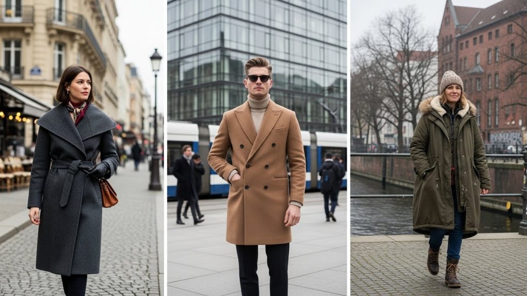 European winter coats featuring wool and puffer styles in city environments