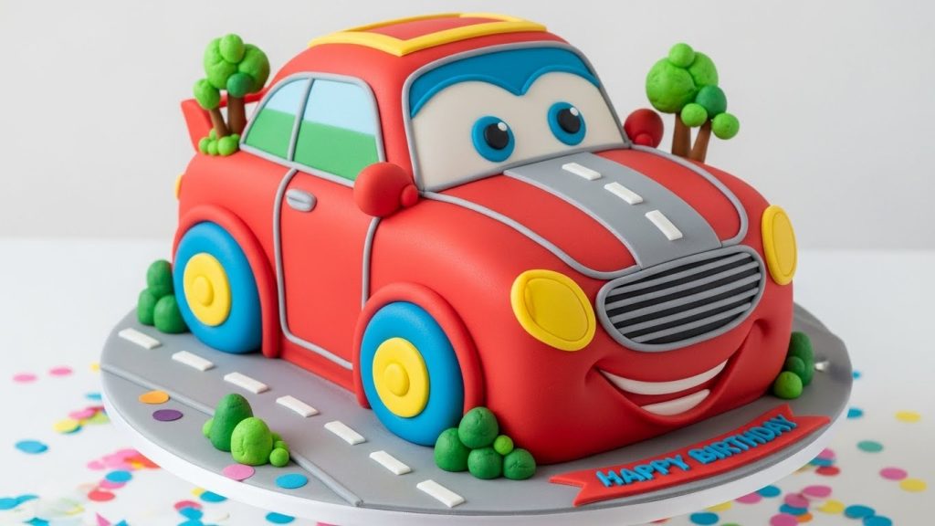 Cute cartoon car cake with vibrant details.