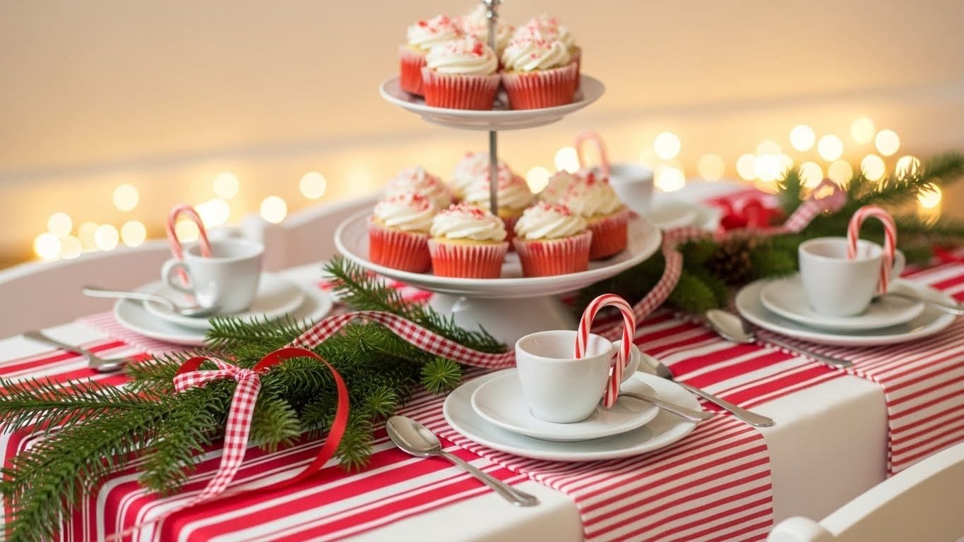 “Candy Cane Wonderland holiday tea party setup for kids with red-white décor, candy canes, and festive treats.