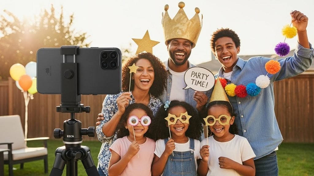 “Using a tripod to capture photo booth moments with DIY party props.”