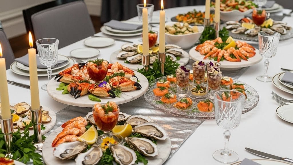 Luxury seafood appetizers arranged on an elegant celebration table