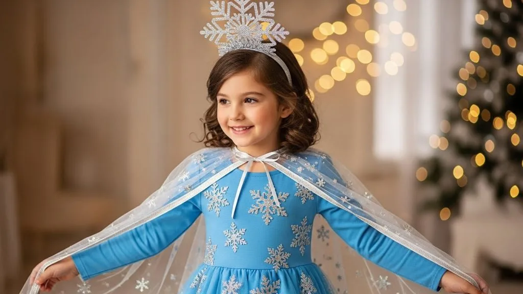 Magical December Costume Ideas for Kids: Cute, Cozy & Celebration Ready 3 Kid dressed as a snowflake in a December costume with light-blue details.