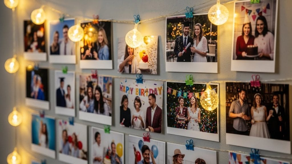  A photo wall with printed celebration memories and soft decorative lights.