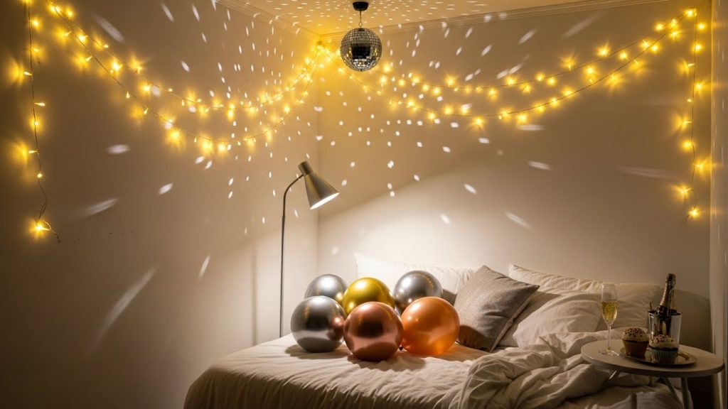  A compact bedroom transformed into a shiny celebration corner with clever lighting.