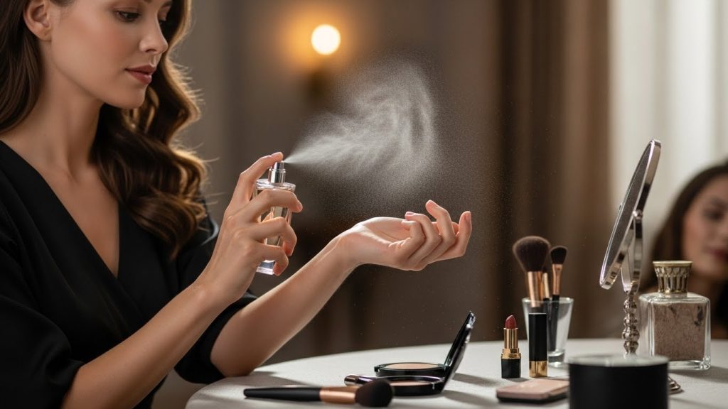 Final beauty touches including fragrance and setting spray