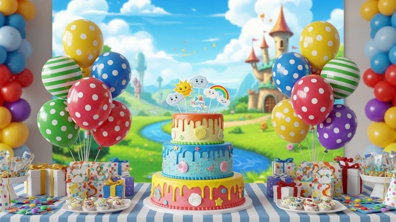 “Bright kids’ birthday setup featuring a large cartoon cake, fun character toppers, balloons, and a cheerful backdrop.”