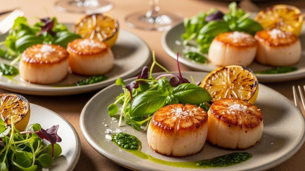  Seared scallops served as luxury seafood appetizers