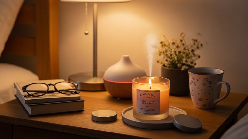  Nightstand with essential oil diffuser and subtle scented candle, soft lighting enhancing a cozy atmosphere.