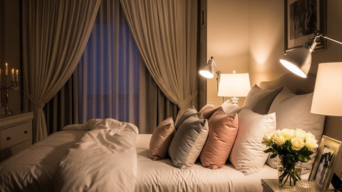Romantic wedding night bedroom with cozy bed, layered pillows, soft ambient lighting, elegant curtains, and secure, intimate décor for a comfortable and safe newlywed experience.