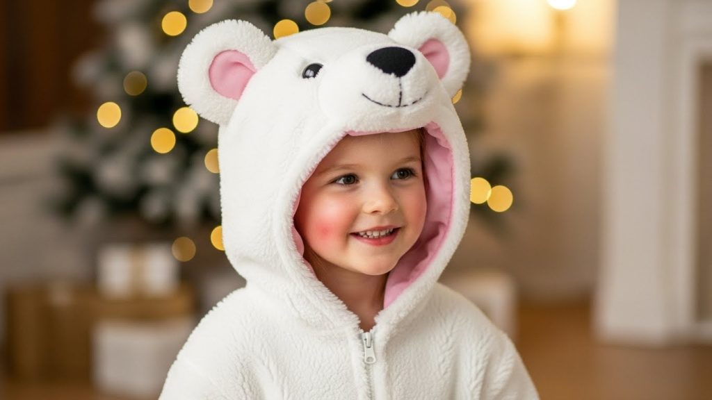: Kid in a polar bear December costume with white ears and mittens.