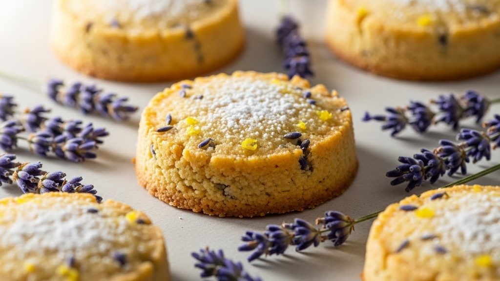 Golden lemon-lavender shortbread rounds dusted with powdered sugar, lavender buds scattered around, soft yellow-purple tones