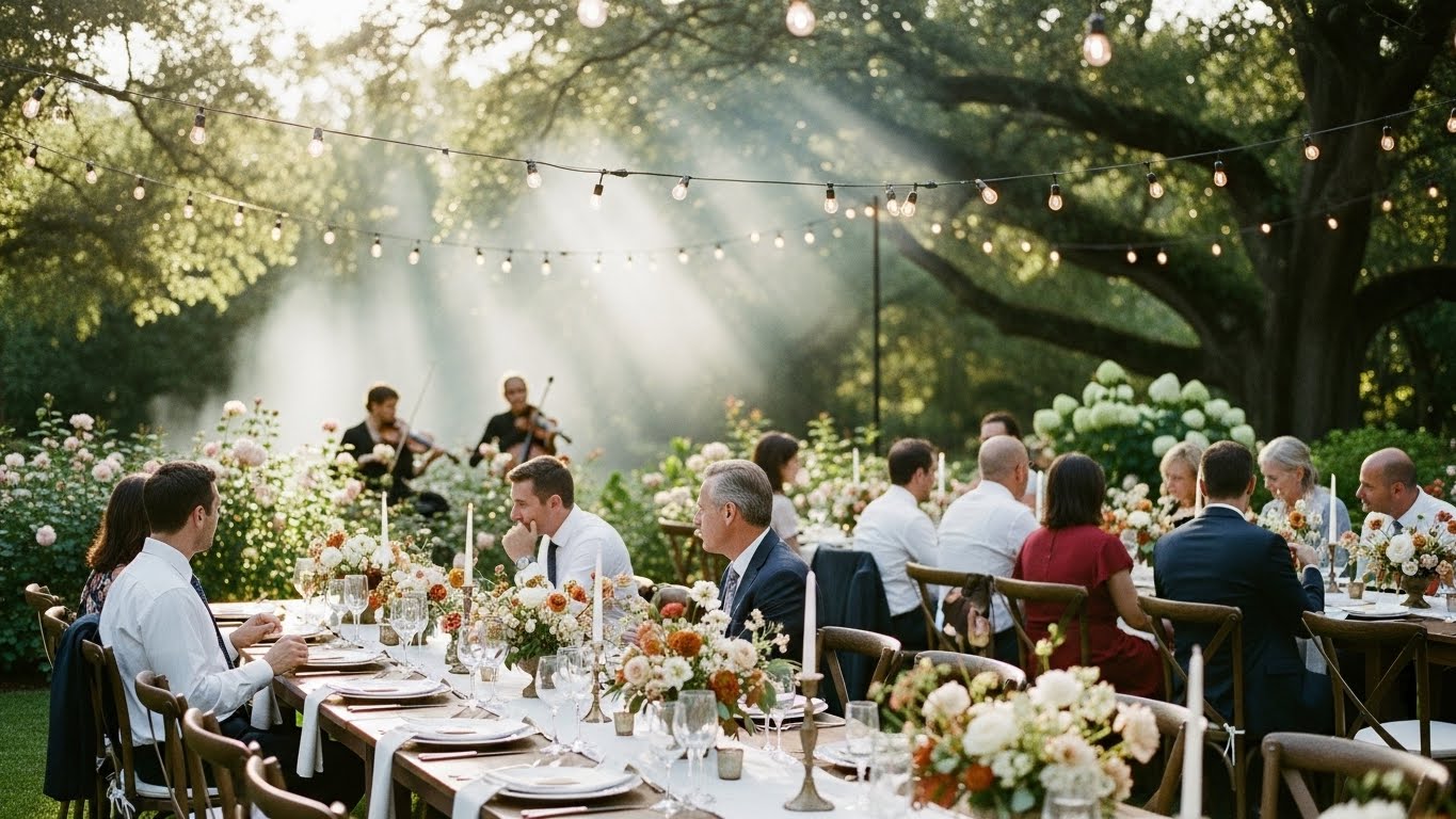 Garden event setup during golden hour with soft earthy tones.