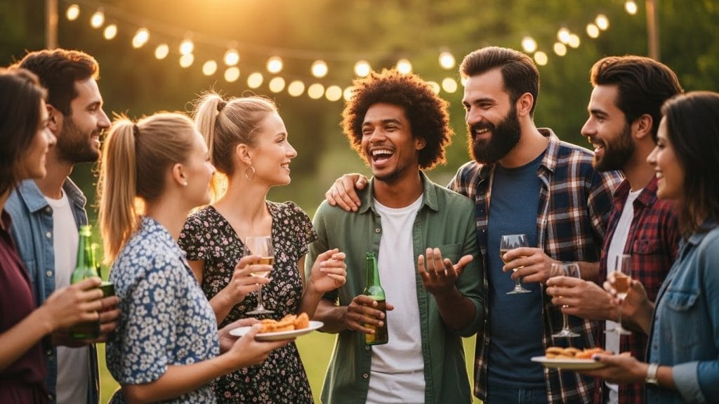 Friends gathered in a circle, smiling and talking during a casual celebration.