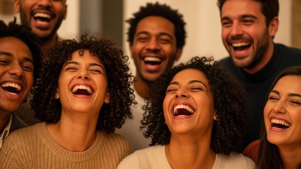  A close-up of people laughing together during a small celebration, soft lighting, natural expressions.