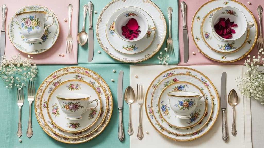  “Flat lay of vintage floral teacups, gold-rimmed plates, porcelain saucers, and antique flatware arranged neatly with pastel linens.”