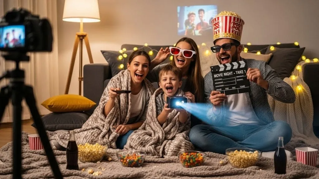  “Candid family photos during indoor movie night.”