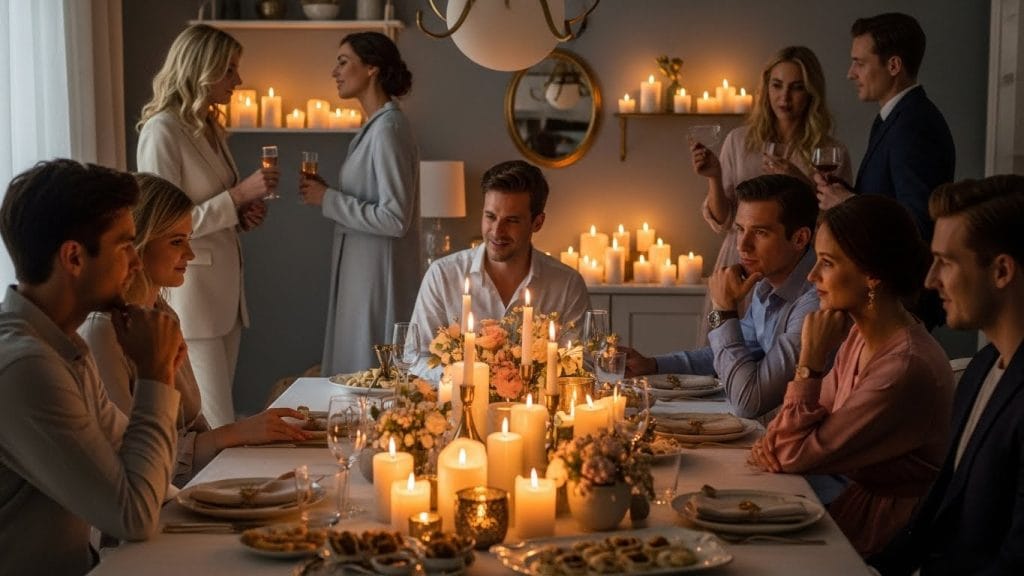 A calm indoor celebration with candles, soft colors, and relaxed expressions.