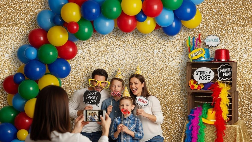 “Family using DIY party props at a home photo booth.”