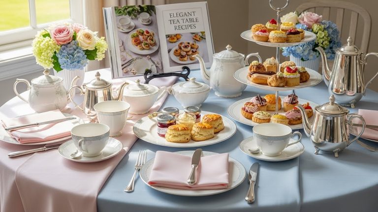 “Elegant tea table styled with porcelain cups, fresh scones, tiered tray of pastries, soft pastel linens, and natural window light creating a warm, inviting atmosphere for Elegant Tea Table Recipes.”