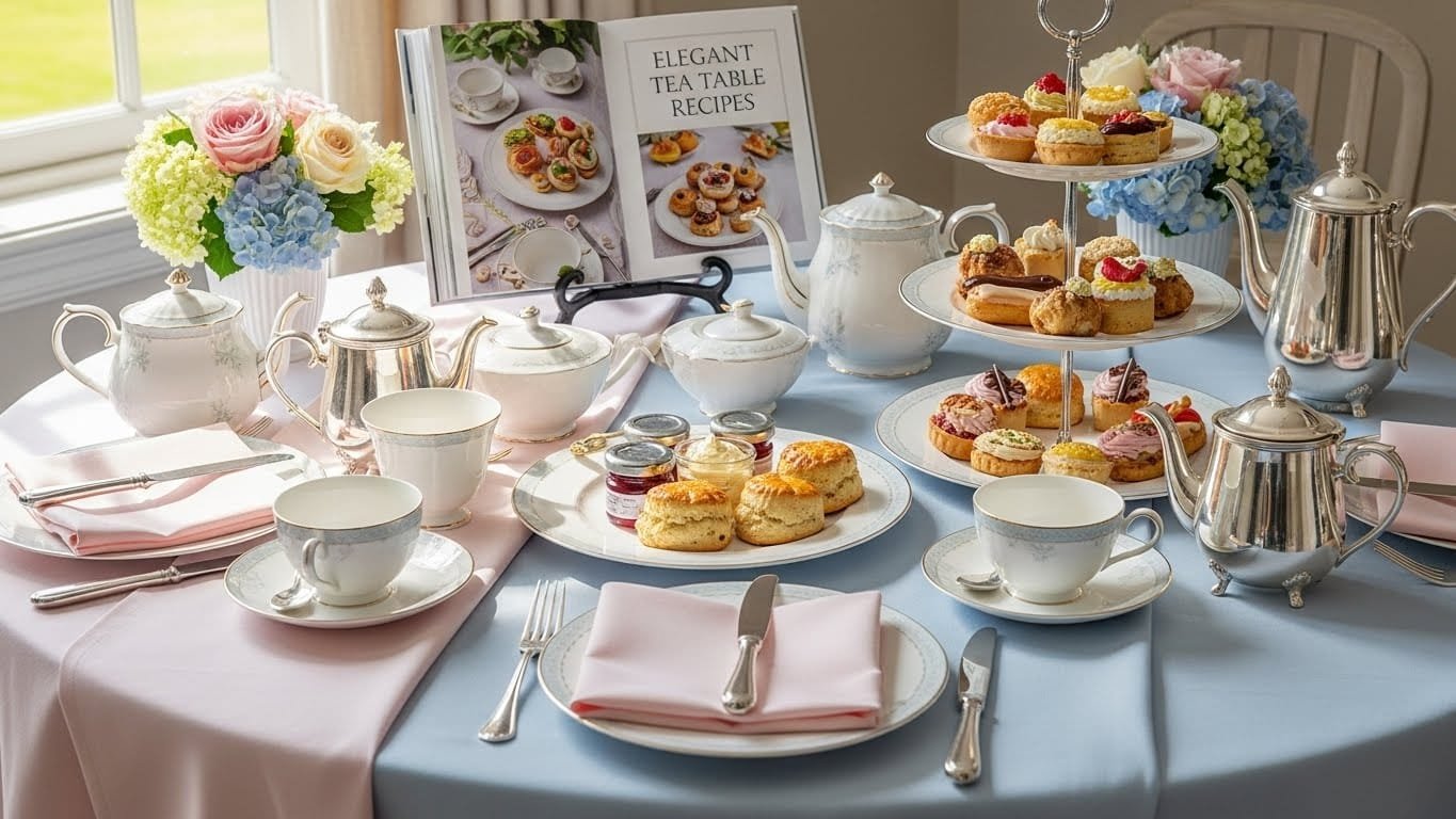 “Elegant tea table styled with porcelain cups, fresh scones, tiered tray of pastries, soft pastel linens, and natural window light creating a warm, inviting atmosphere for Elegant Tea Table Recipes.”