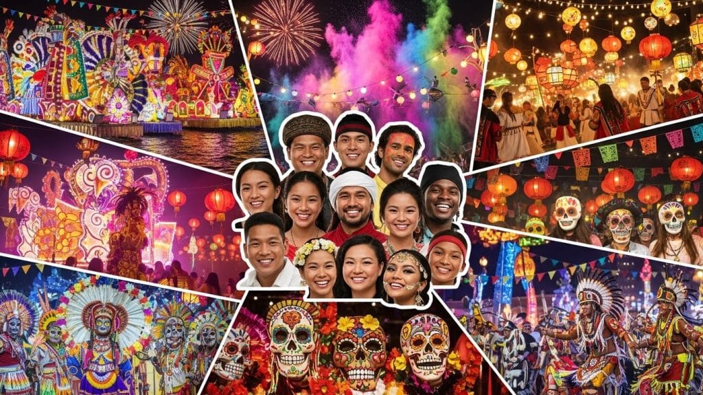  A global collage showing festivals, traditional clothing, lights, and smiling faces from different cultures.