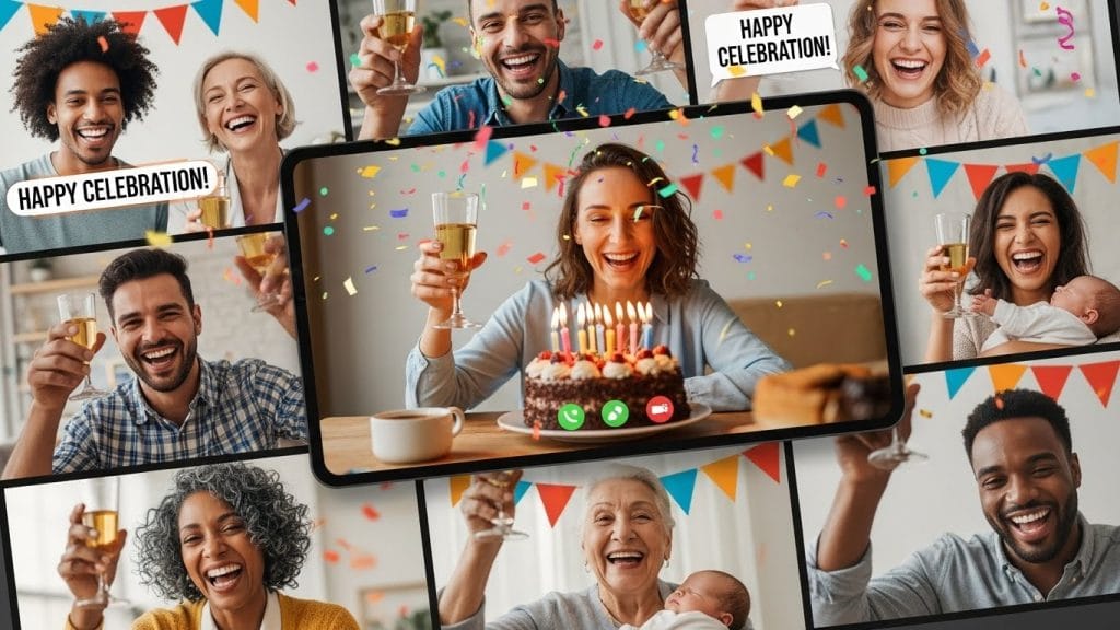  A video call celebration with people smiling across screens.