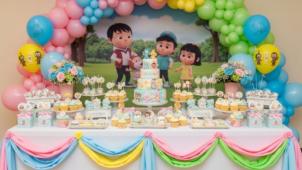 Cute cartoon cake table setup with themed decor.