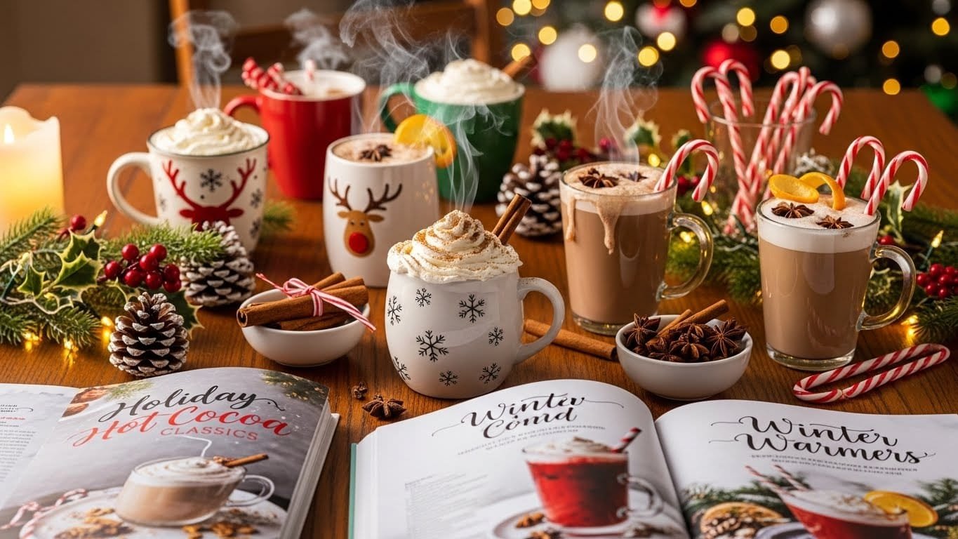 "Festive Hot Chocolate & Winter Drinks Recipes displayed on a cozy holiday table with steaming mugs, whipped cream, cinnamon sticks, candy canes, and colorful winter decorations."