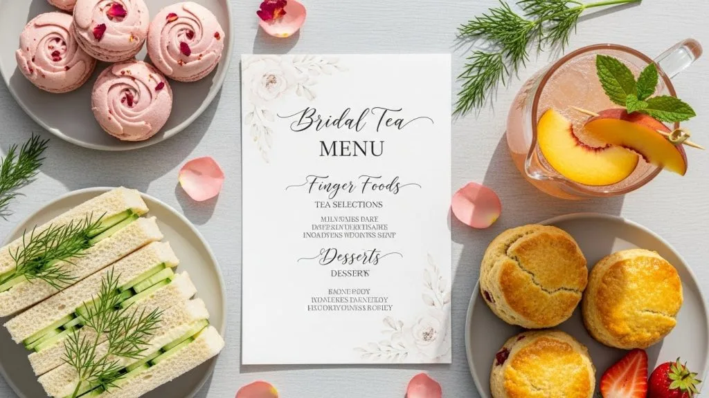 15 Easy Tea Party Recipes Perfect for Bridal Showers 3 Flat-lay of a printed bridal tea menu card surrounded by cucumber sandwiches, rose macarons, strawberry scones, and a pitcher of peach bellini mocktail in blush and ivory tones