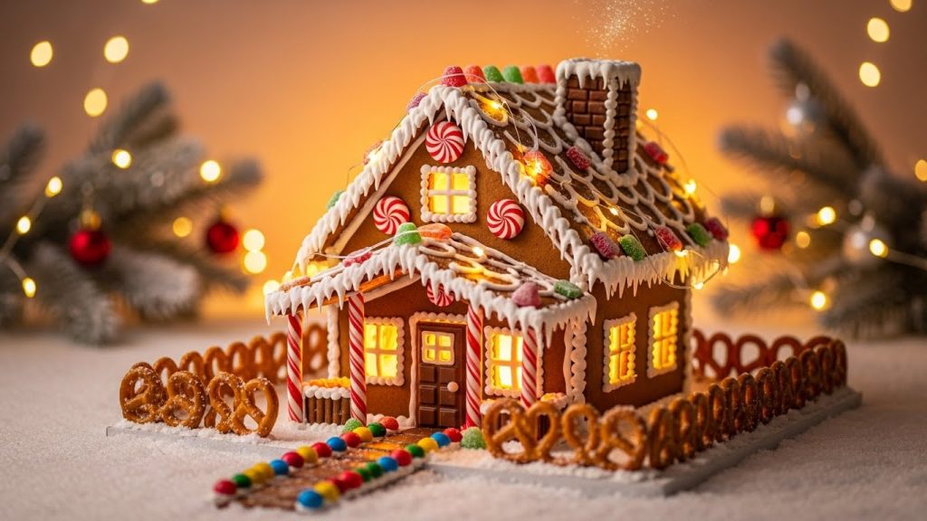Beautifully decorated gingerbread house glowing with edible décor.