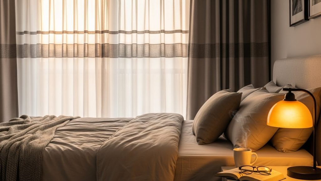 Bedroom with layered curtains filtering morning light, soft lamp glow enhancing a cozy, intimate space.
