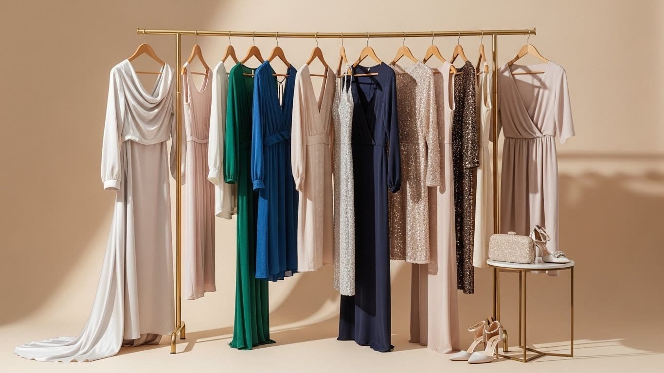 A stylish collection of guest dresses displayed on a minimal fashion rack with pastel lighting, featuring elegant silhouettes, trendy colors, and accessories suitable for weddings, birthday parties, and seasonal celebrations.