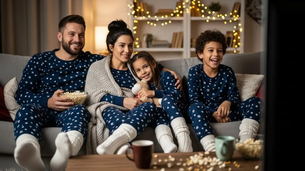“Family dressed in pajamas for indoor movie night.”