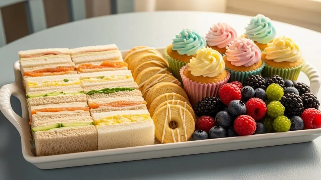 Tray of assorted tea party snacks including finger sandwiches, butter cookies, mini cupcakes, and fresh berries neatly arranged on a pastel table with soft lighting.