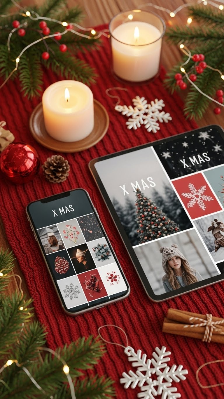 A cozy flat lay featuring a smartphone and tablet displaying festive X Mas wallpaper designs surrounded by candlelight, pine branches, ornaments, and warm holiday décor.
