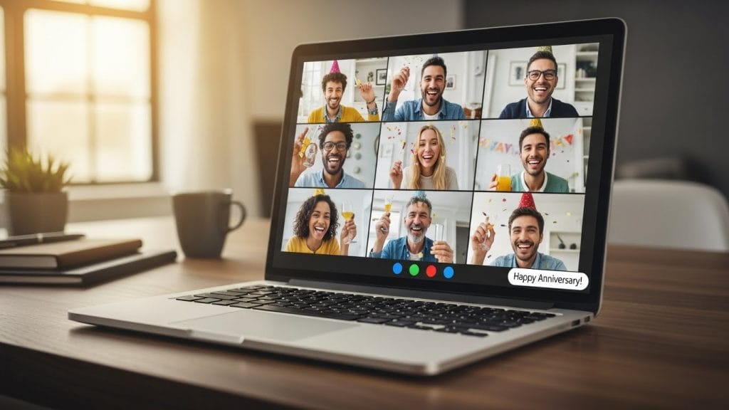  A joyful virtual celebration on a laptop screen with smiling faces.