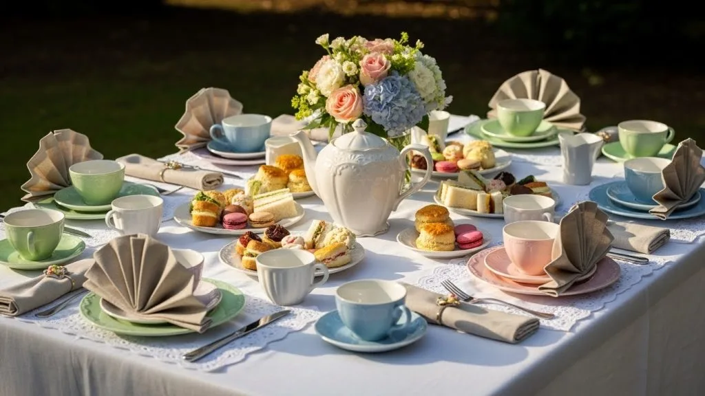 Elegant tea party table with pastel teacups, a ceramic teapot, lace mats, linen napkins, and snack plates arranged neatly in soft natural daylight.