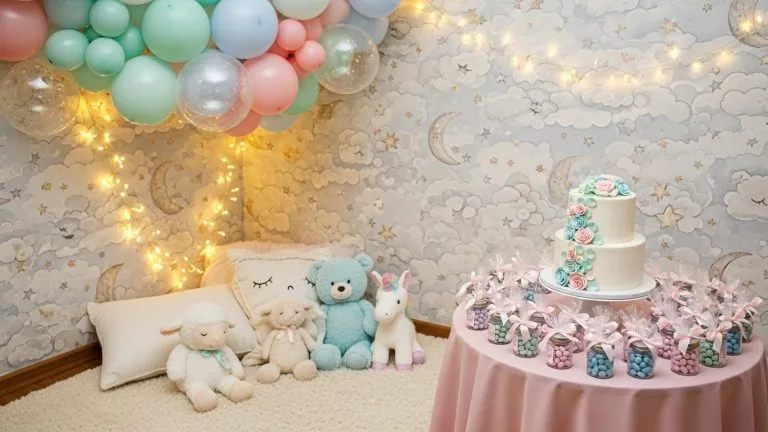 A cozy, pastel-themed baby shower corner featuring a soft cloud or storybook-style wallpaper, surrounded by balloons, plush toys, and subtle fairy lights. Include a small table with baby shower favors or a cake in soft colors to create depth.