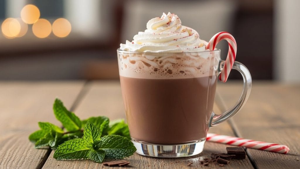 Peppermint hot chocolate with whipped cream and candy cane stirrer.