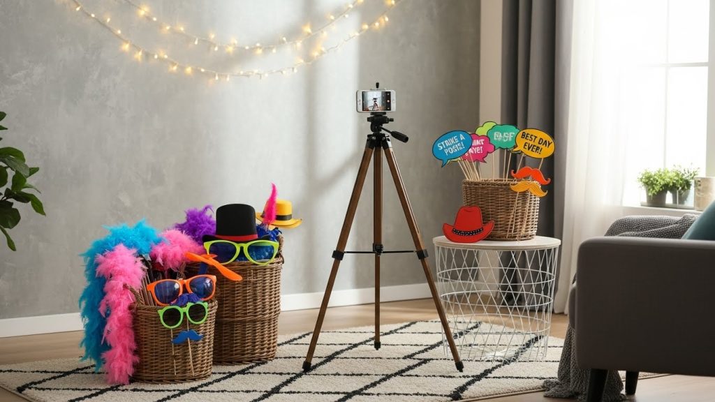 “DIY photo booth corner with props neatly arranged.”
