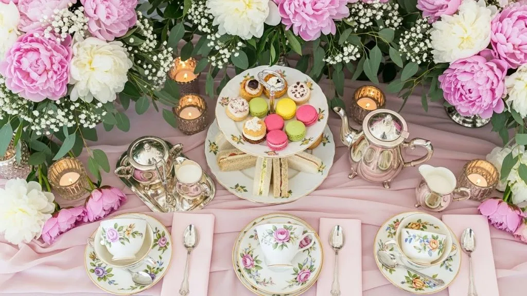 15 Easy Tea Party Recipes Perfect for Bridal Showers 11 Overhead view of a complete bridal tea table with tiered stands, floral teacups, blush linens, and overflowing peonies the ultimate dreamy setup