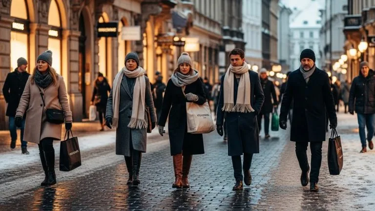 European winter street scene showing people wearing layered coats, scarves, and boots in stylish everyday winter outfits for 2025-2026