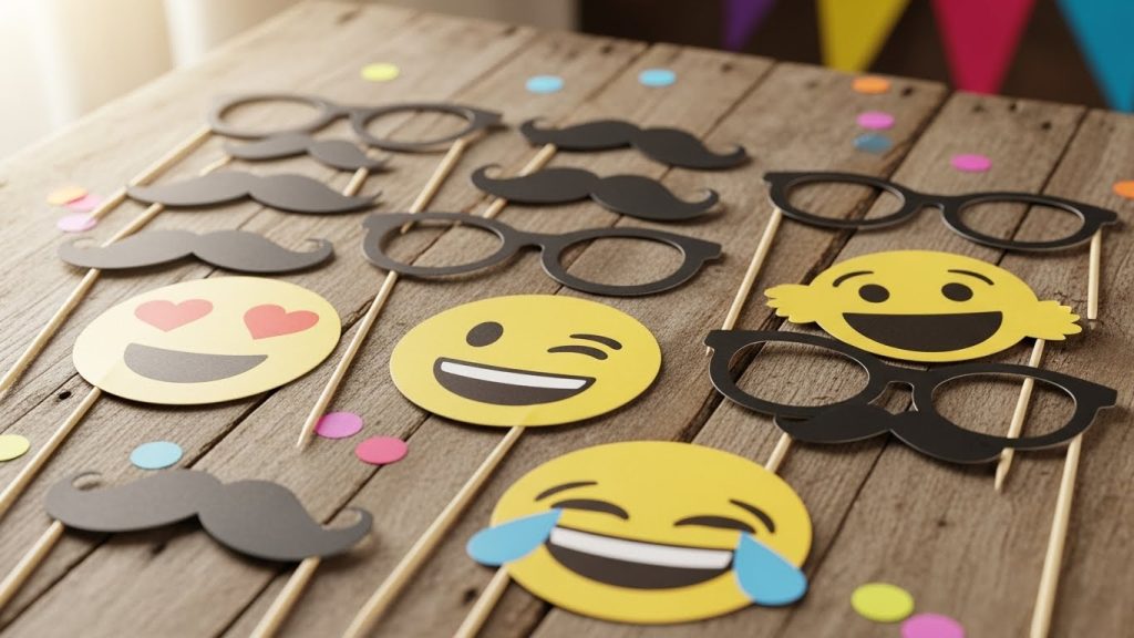 “Homemade party props for photo booth with cardboard and glitter.”